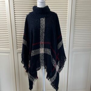 Beautiful Turtleneck Cape- Poncho sweater. Navy Red White plaid pattern